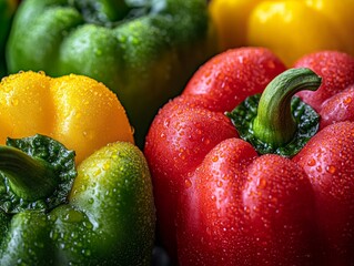 Close-up of vibrant red, yellow, and green bell peppers with water droplets on their surface