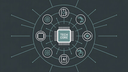Futuristic digital technology concept with central cpu and connected network nodes