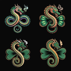 Fototapeta premium Green dragons entwined with shamrocks clover celtic