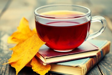 Warm cup of tea resting on old books with autumn leaves in cozy setting