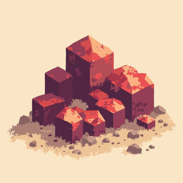 Vanadinite red hexagonal prisms clustered on matrix, desert mineral vignette, palette: vanadinite red, sand, brown, cream