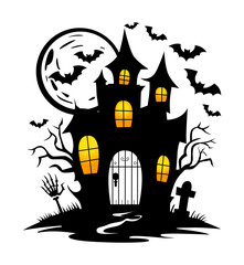 Vector illustration of a haunted house with full moon, bats, spooky trees, and graveyard. Perfect for Halloween design and decorations.