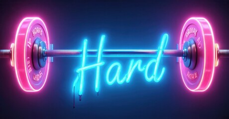 Neon sign displays word Hard with barbell weights. Bright pink, blue colors dominate dark background. Dripping effect adds visual interest.