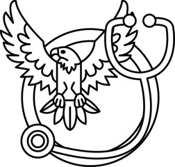 A bird is perched on a round object with a stethoscope on it