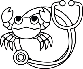 A crab is sitting on a yellow circle with a stethoscope on it