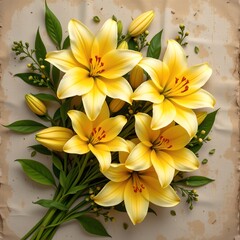 Obraz premium Yellow Lilies Bouquet with Greenery Against Rustic Backdrop