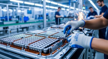 Skilled technician meticulously assembling advanced battery packs in a modern automotive factory setting