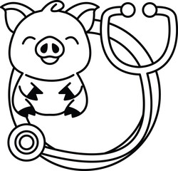 A pig is sitting on a blue circle with a stethoscope on it