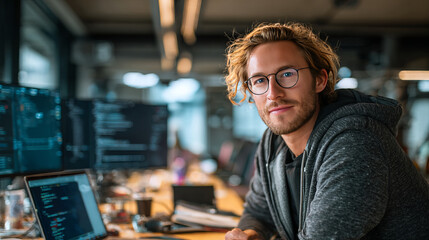 A software developer with a laptop on the table in front of him. In front of a modern open-plan office.