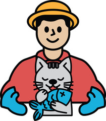 A man is holding a cat and a fish