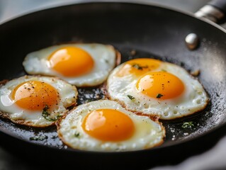 Eggs sizzling in a frying pan, rich and golden yolks glistening