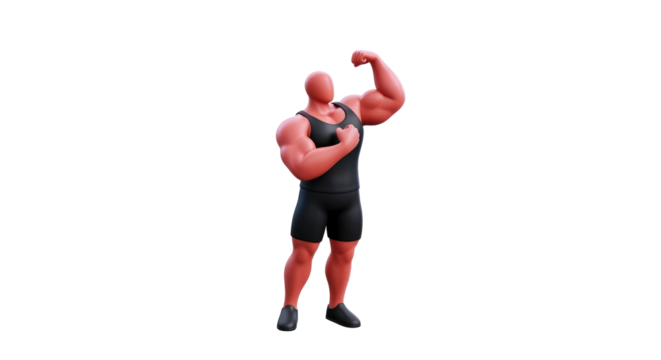 powerful 3d cartoon bodybuilder flexing muscles, red skin, achievement pose, isolated on transparent background