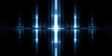 Electrified Serenity: Abstract vertical electric light streaks, with mirrored reflection and glowing energy beams dancing in a symphony of blue and black.