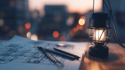 Urban landscape at dusk with architectural designs on a table, warm lantern glow contrasts cool tones,