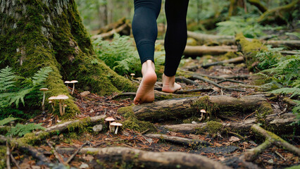 Walking barefoot through the forest.
