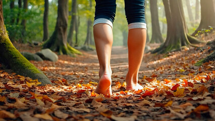 Walking barefoot through the forest.