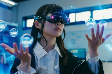School student with VR headset using AI artificial intelligence technology & machine learning. Interactive technology in a classroom. Innovation & smart tech. AI blue holographic data in education