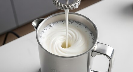 Close-up of frothing fresh milk with handheld electric beater appliance