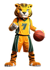 PNG College sports tiger mascot wearing a basketball team outfit white background representation competition.