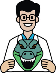 A cartoon man in a white lab coat holding a green crocodile mask