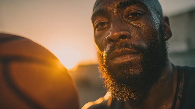 Warm tone portrait of basketball player with beard holding the basketball in action-packed setting