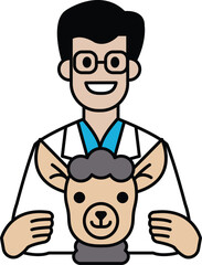 A man in a white lab coat is holding a stuffed animal, possibly a sheep