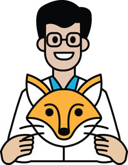 A man in a lab coat holding a fox mask