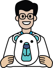 A man is holding a stuffed polar bear