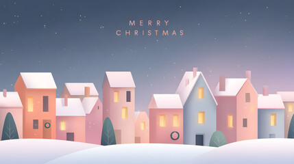 Snowy village at night with dark cozy houses and Merry Christmas text. Atmospheric holiday illustration ideal for greeting cards, seasonal posters, banners and invitations.