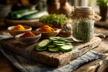 Sliced cucumbers and vibrant spices on rustic wooden board in cozy kitchen