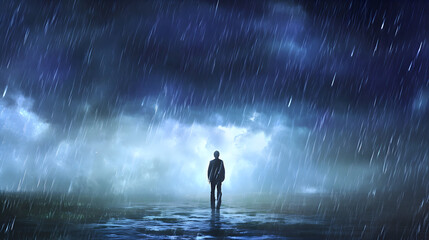 Fototapeta premium A lone figure standing in a rainstorm, but only they are getting wet while everyone else remains dry