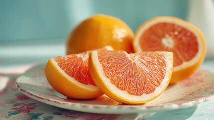 Fresh citrus slices on white plate, vibrant segments with pastel lighting on retro table, HDR styling for healthy magazine cover or juice ad.