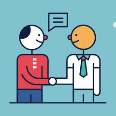 Two people shaking hands with a speech bubble above them