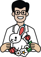 A man is holding a rabbit and a bouquet of flowers