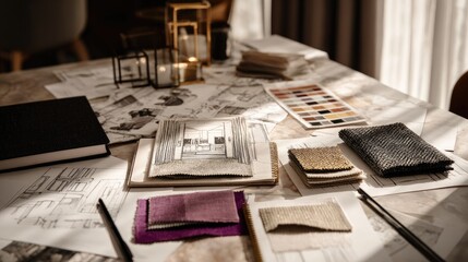 Creative Workspace with Sketches, Fabric Swatches, and Design Tools for Interior Decoration Projects