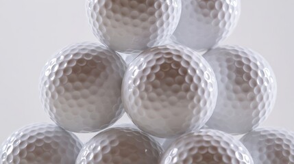 Multiple closely knitted golf balls with dimpled surfaces form a triangular formation on a plain light background,