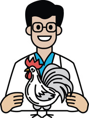 A man in a white lab coat holding a chicken
