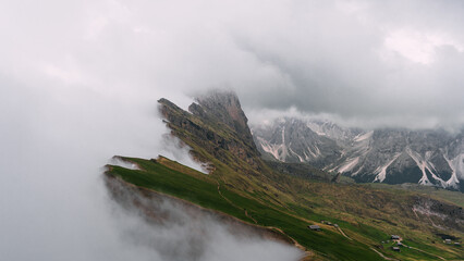 misty morning in the mountains on Seceda