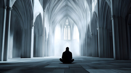 A lone figure sitting in a cathedral of silence, surrounded by ghostly echoes of past conversations that can never be spoken again