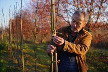 Senior man tending to trees in an orchard