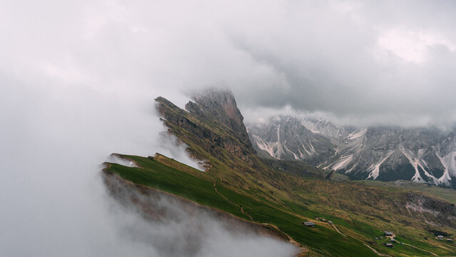 misty morning in the mountains on Seceda