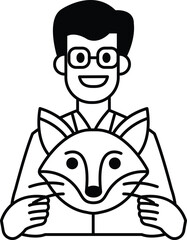 A man in a white lab coat is holding a stuffed animal, possibly a sheep