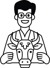 A man in a white lab coat is holding a cow's head
