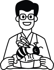 Obraz premium A man in a lab coat holding a yellow and black bee