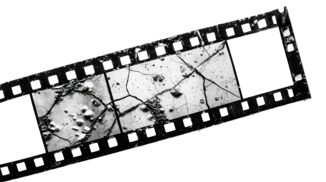 Damaged Film Strip with Cracks and Scratches on Transparent Background