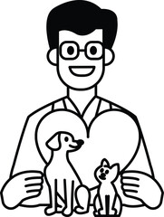 A man is holding a heart and three cats