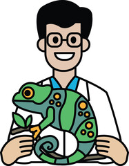 A man in a lab coat holding a green lizard
