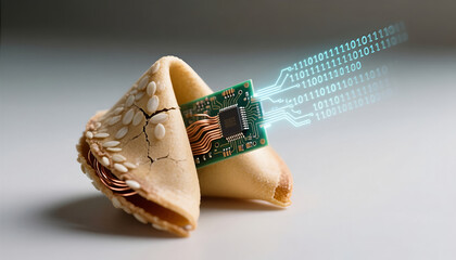 Naklejka premium Fortune cookie with circuit board and digital data visualization 