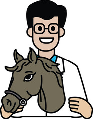 A man in a lab coat is holding a horse head