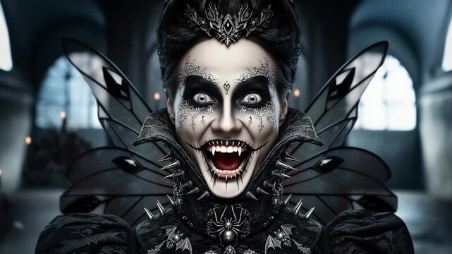 A fantasy vampire queen with creepy makeup and a dark outfit opens her mouth to reveal a creepy smile.